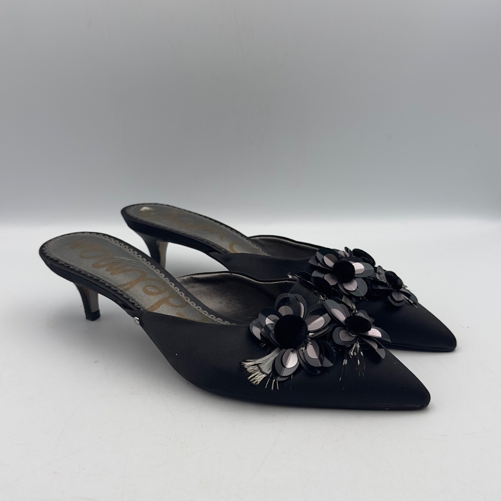 Sam Edelman Dorcy Black Satin Floral Sequin Kitten Heel Mules 7.5M Dressy Shoes